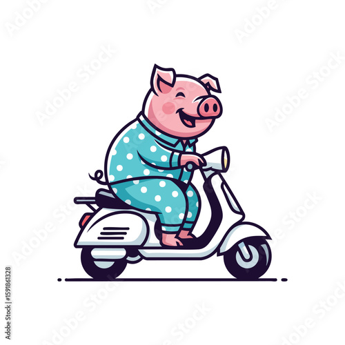 Happy Pig Riding Scooter. A delightful swine in polka-dot sleepwear cruises on a stylish moped. This illustration symbolizes joy, freedom, and a carefree attitude.