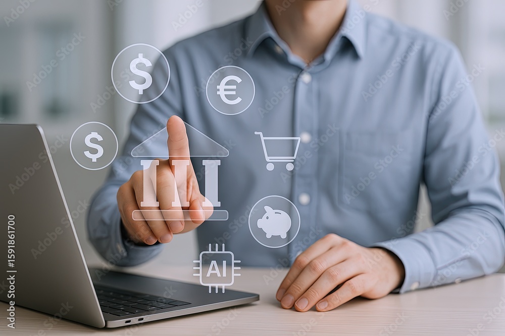 Obraz premium Businessman Using Touchscreen Interface with Financial and Shopping Icons on Laptop.