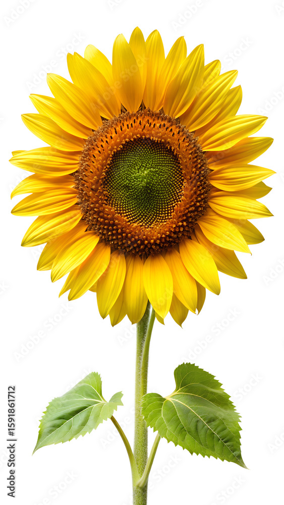 Fototapeta premium Bright Yellow Sunflower with Green Leaves on Transparent Background