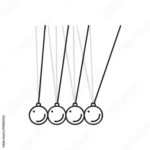 Smiley Newton Cradle Icon. A charming line art illustration of the classic desk toy, symbolizing kinetic energy transfer and perpetual motion with a cheerful, simple aesthetic.