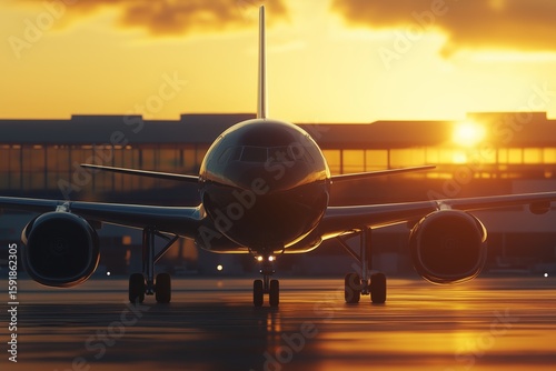 Aircraft parked close to the terminal during sunset at the airport
