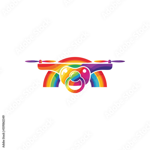 Vibrant Drone Baby Pacifier Logo. A colorful quadcopter carries an infant's soother, embodying modern family values, joy, and diverse parenting.