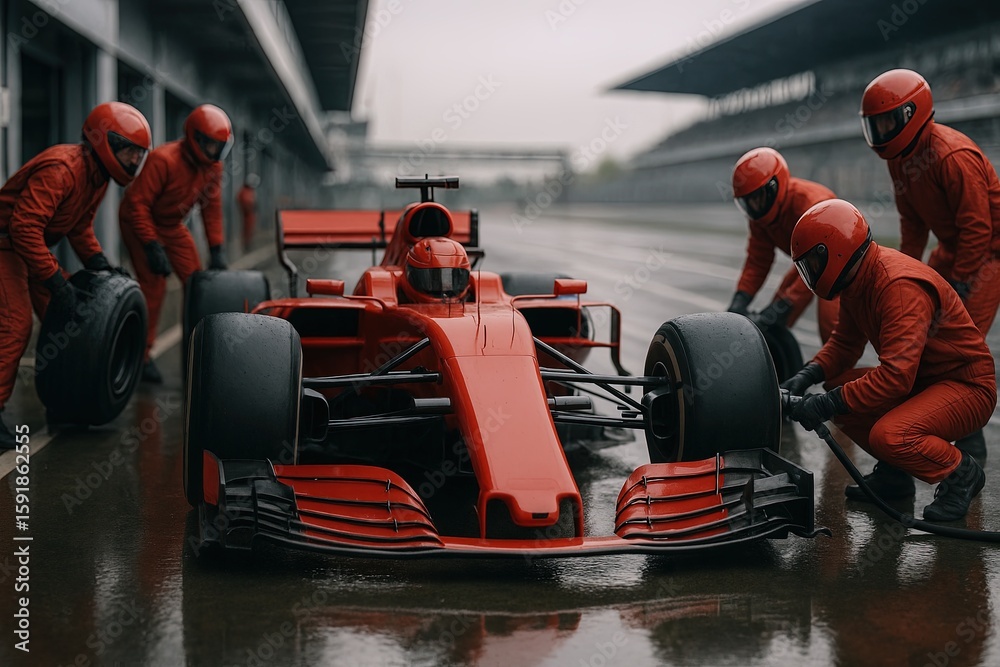 Naklejka premium Formula One Pit Stop Team Working on Red Race Car During Wet Race Scenario.