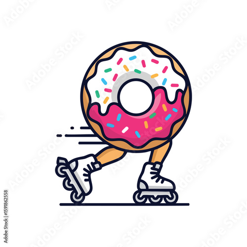 Lively Doughnut Skater. This whimsical pastry character on rollerblades embodies a vibrant spirit. It symbolizes the joy of sweet treats combined with active fun.