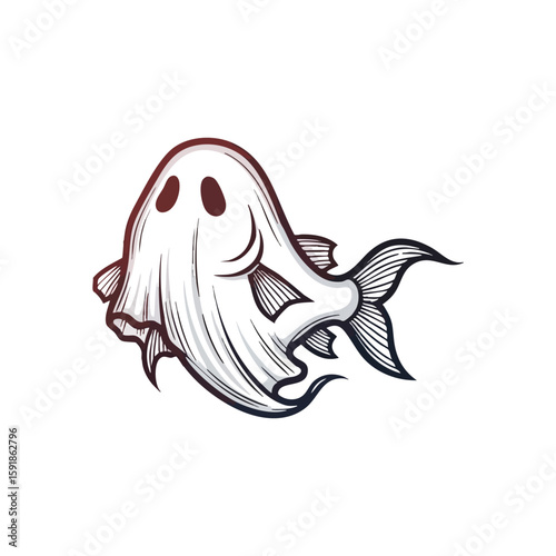 Ghostly Fish Character. Spectral oceanic being combines eerie charm with aquatic features. This whimsical apparition embodies mystery, perfect for spooky holiday designs.