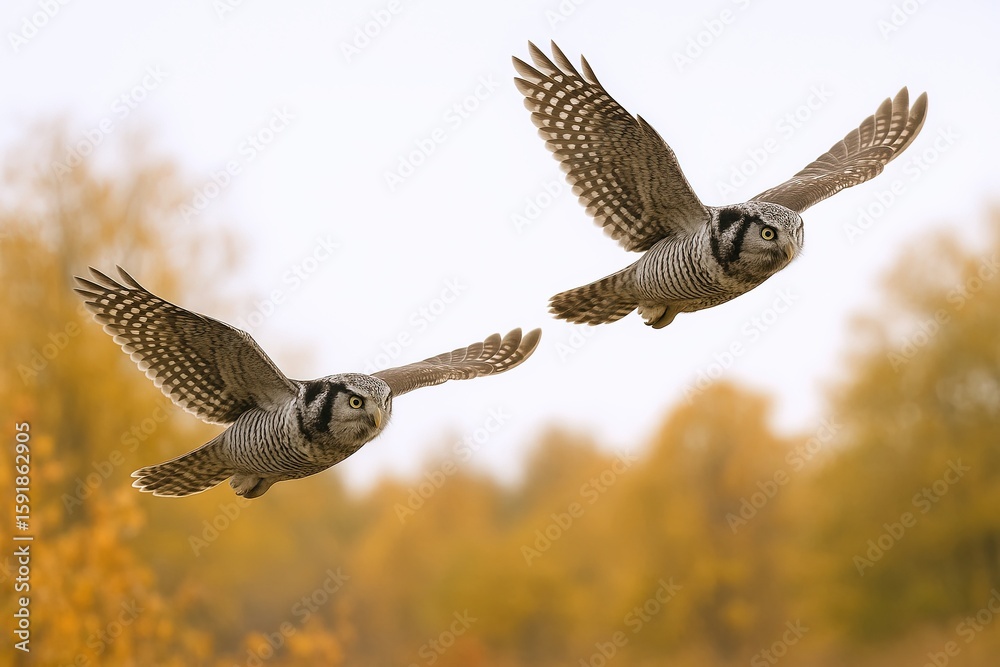 Fototapeta premium Two Hawk Owls in Flight, Autumn Background