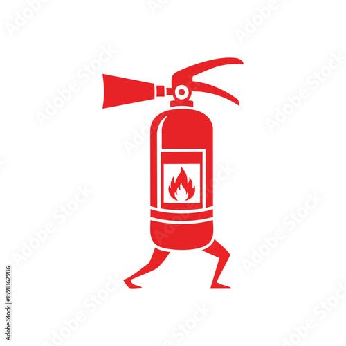 Active Fire Prevention Symbol. A vibrant crimson safety device with animated legs, illustrating readiness to extinguish blazes. This graphic portrays swift protective measures and proactive hazard.