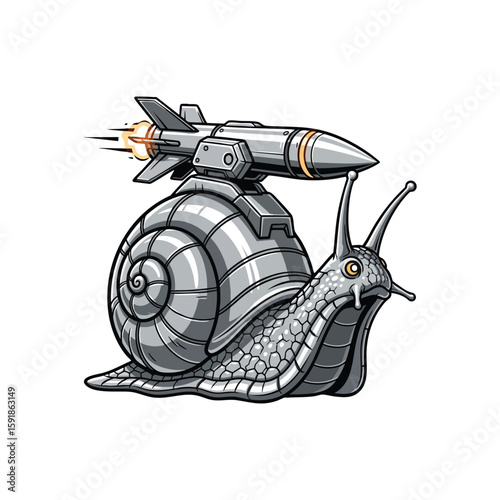 Armored Snail Rocket Boost. A metallic gastropod propels itself with a powerful warhead. This unique artwork depicts surprising velocity, symbolizing overcoming limits and unexpected strength.