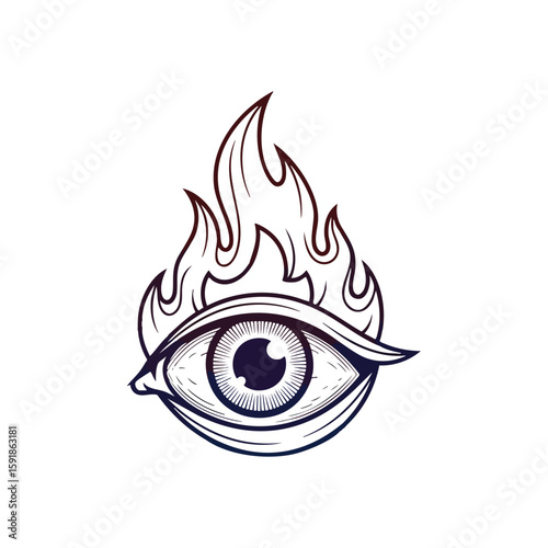 Flaming Eye Mystical Symbol. An illuminated ocular design engulfed in flames. This vibrant graphic embodies intuition, passion, and intense spiritual awareness.