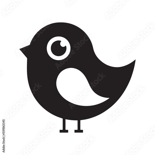 Black bird icon silhouette, simple stylized graphic animal symbol, vector logo design element.