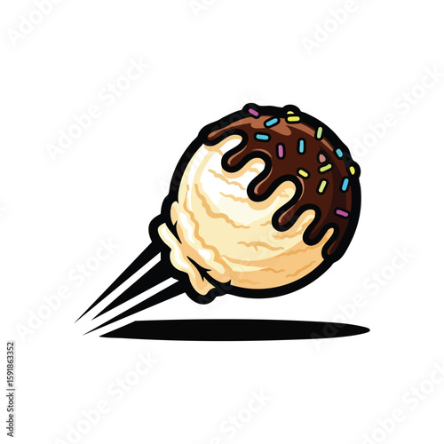 Sweet Dessert Scoop in Flight. This delectable frozen treat, adorned with gooey fudge and colorful confectionery, conveys a feeling of rapid motion. Perfect for capturing summer fun.