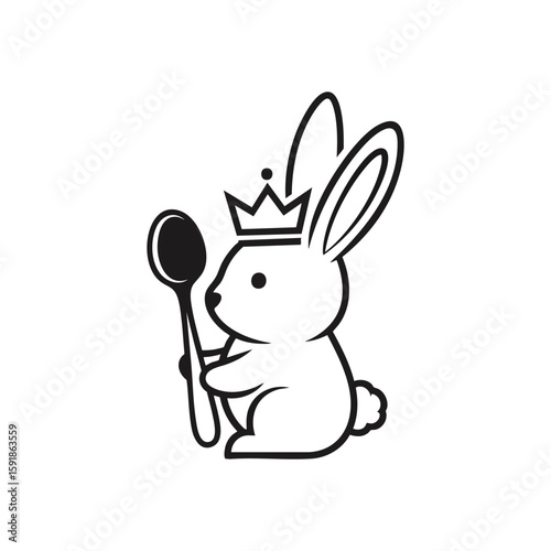 Crowned Rabbit Holding Spoon Design. Charming hare adorned with a majestic coronet, brandishing a utensil. This delightful illustration symbolizes culinary excellence, a love for food, or playful.