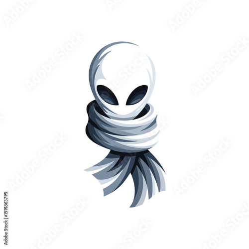 Enigmatic Alien Head in Warm Scarf. A captivating graphic of an otherworldly entity, featuring large, deep-set eyes and a cozy neck covering. Its serene visage suggests a blend of mystery and gentle.