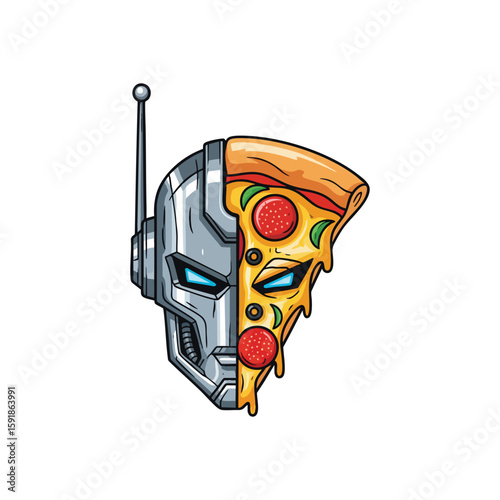 Robot Pizza Fusion Art. This unique graphic combines a futuristic mechanical visage with a savory pepperoni slice, representing a quirky contrast of innovation and indulgence.