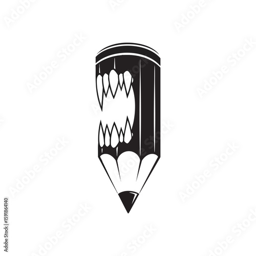 Monster Pencil Design. This striking illustration merges an ordinary implement with sharp fangs. It embodies the formidable influence of ideas, words, or knowledge.