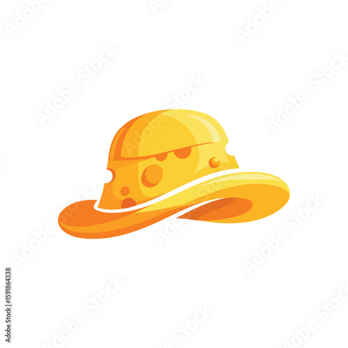Whimsical Cheese Hat Illustration. Playful yellow sunhat adorned with classic holes, resembling a delightful block of Swiss cheese. A humorous food-inspired design perfect for quirky themes.