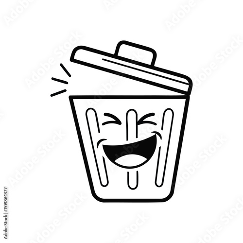 Laughing Trash Can Character. This delightful refuse receptacle displays pure mirth, symbolizing a cheerful attitude towards discarding items. Its jovial grin conveys lightheartedness.