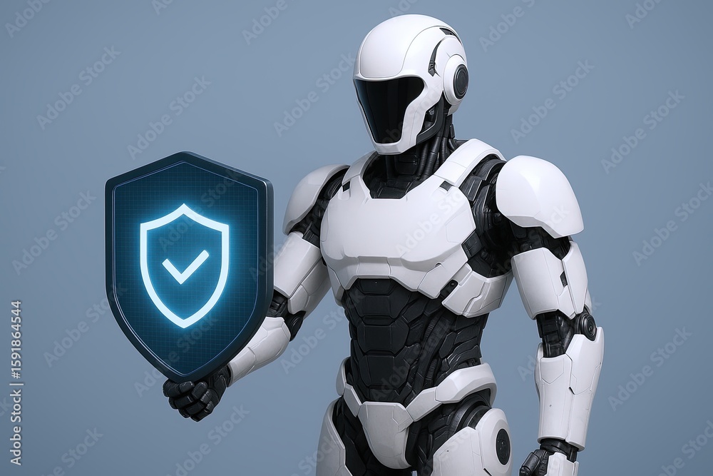 Fototapeta premium Futuristic humanoid robot holding shield with digital security icon in a tech environment.