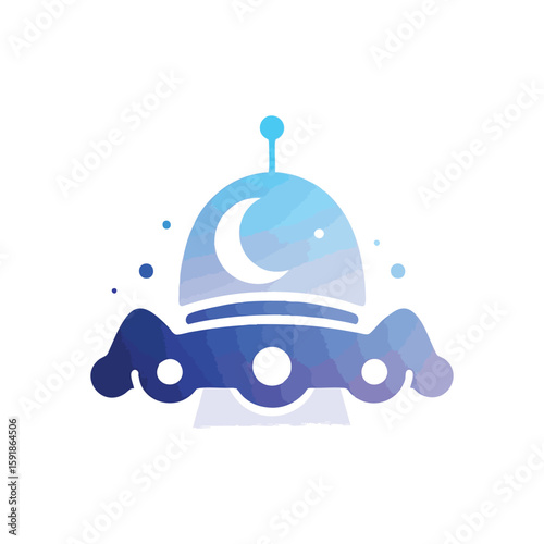 Gradient Blue UFO with Moon Symbol. A whimsical creation of a gradient purple and azure flying saucer, adorned with a crescent celestial body. It evokes wonder, interstellar voyages, and nocturnal.