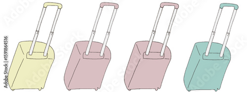 キャリー　旅行　趣味　イラスト　黄色　薄ピンク　水色　4セット　線画　色違い