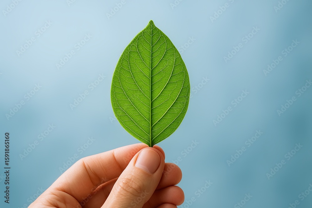 Close-up of a green leaf held between fingers against a blue sky background. Close-up of a green leaf held between fingers against a blue sky background.