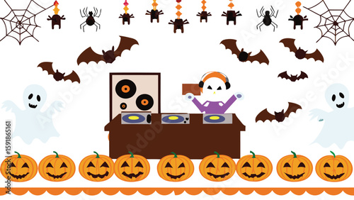 Halloween party with dj skeleton, ghosts, bats, spiders, pumpkins and web decorations shown here