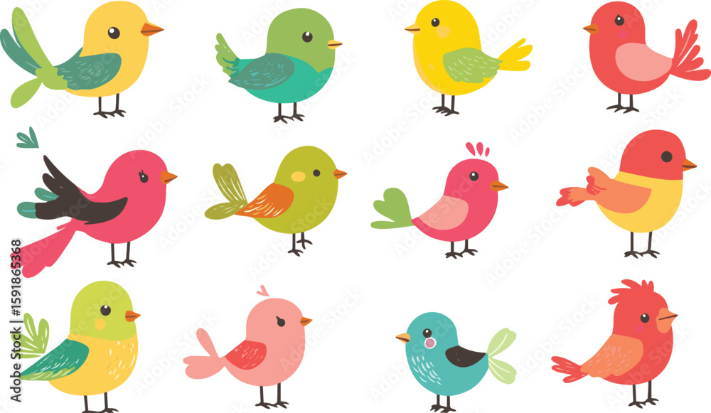 Obraz premium Cartoon Bird Seamless Pattern with Colorful Birds on White Background