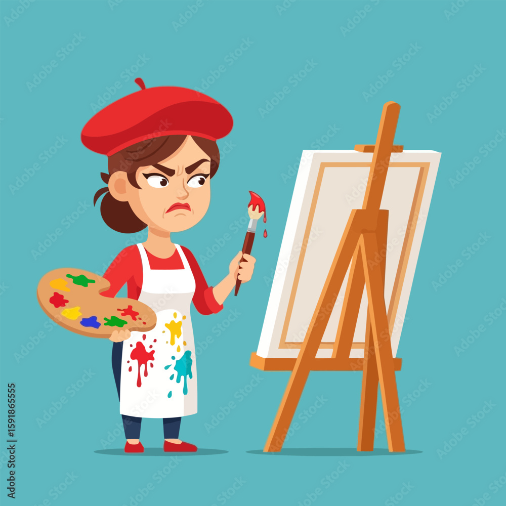 Fototapeta premium Angry Woman Painting on Canvas with Red Beret and Colorful Palette