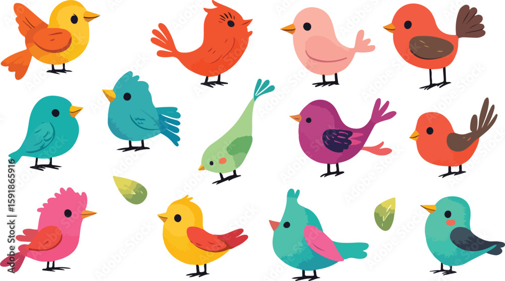 Fototapeta premium Colorful Cartoon Birds Seamless Pattern on White Background Vector Illustration