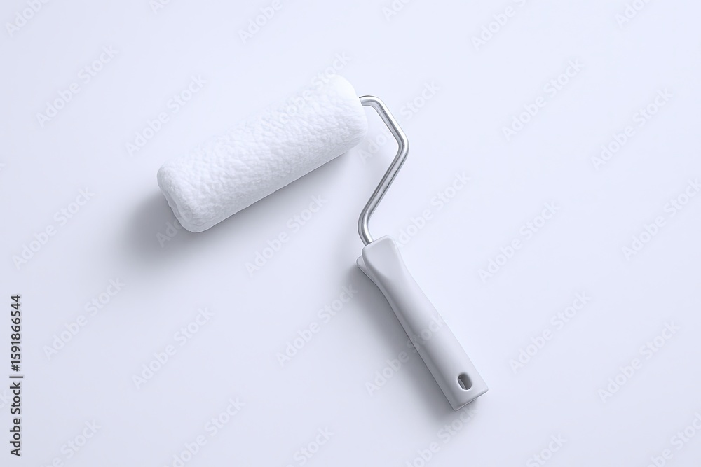 Obraz premium Close-up of a small paint roller with white fuzzy fabric and metal frame on white background.