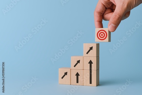 Hand stacking wooden blocks with upward arrows and target symbol on a light blue background.