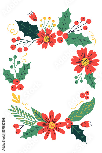 A festive Christmas frame or wreath with hand-drawn holly, red berries, pine, and floral elements, perfect for Christmas greeting cards, holiday party invitations, festive posters