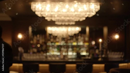 Bar scene blurry man stands before a bar with bottles beneath a bright chandelier Lamp visible