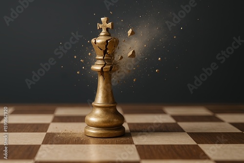 Dramatic scene with a falling chess king blocking checkmate on wooden chessboard.
