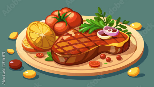 Ribeye steak with potatoes, onions and baked cherry tomatoes. Juicy steak with flavored butter