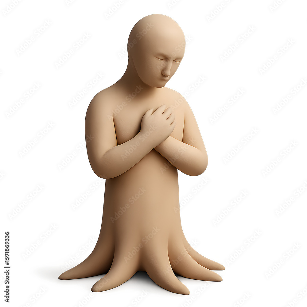 Abstract sculpture of a human figure with tree roots forming base Abstract sculpture of a human figure with tree roots forming base