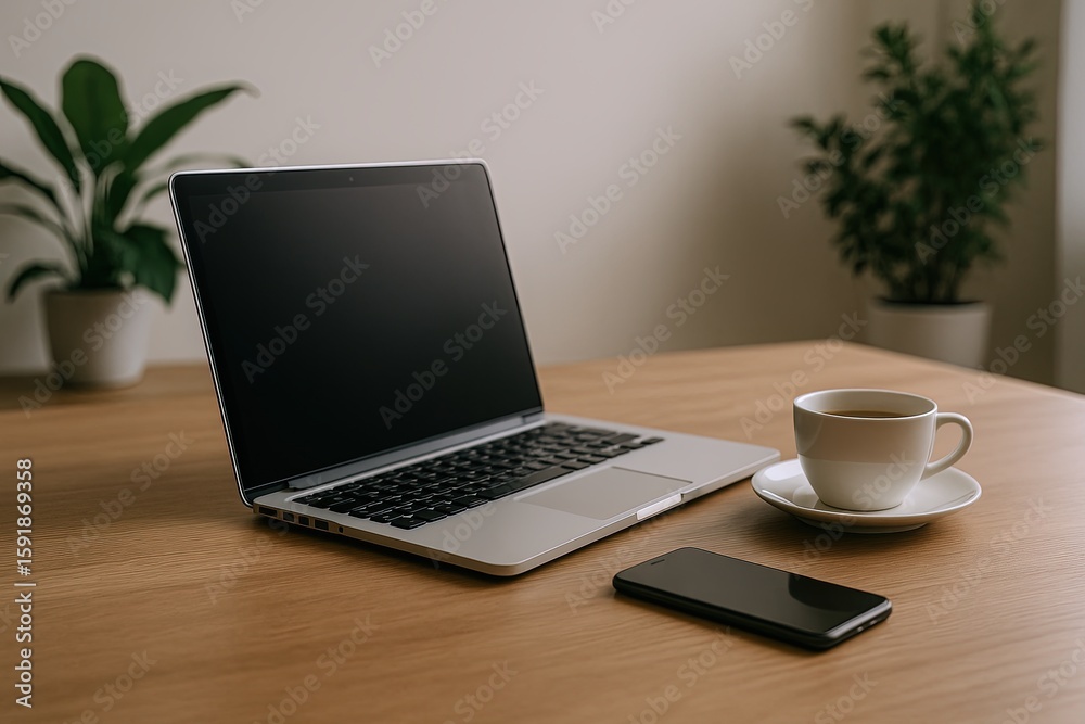 Fototapeta premium Modern workspace with open laptop smartphone and coffee cup on wooden desk.