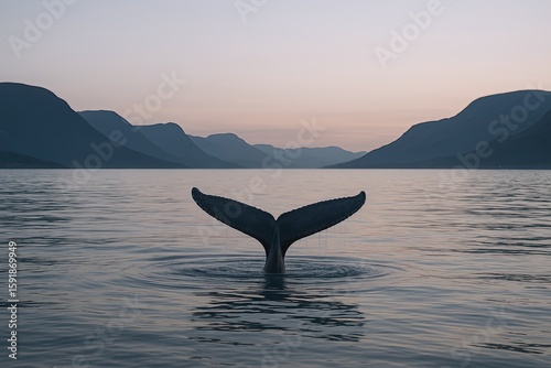 Wallpaper Mural Majestic whale tail emerging from calm ocean water with mountain landscape. Torontodigital.ca