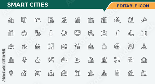 Smart Cities line icon set. Thin web icons. Includes symbols for digital cities, urban, home, technology. Editable stroke. Infrastructure icon set.