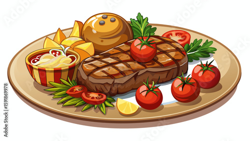 Ribeye steak with potatoes, onions and baked cherry tomatoes. Juicy steak with flavored butter