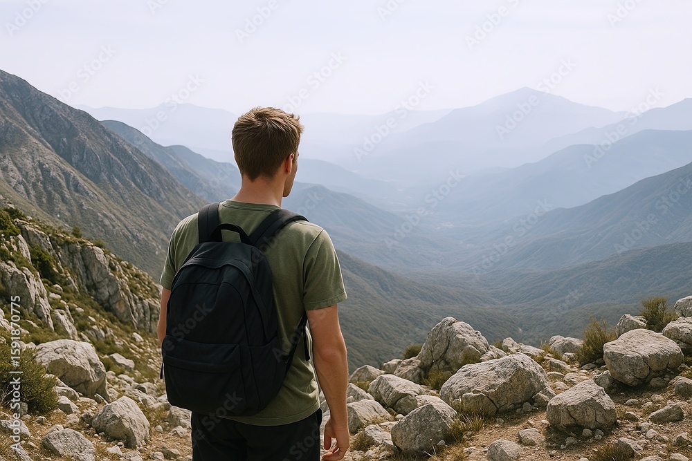 Naklejka premium Young man with backpack standing on rocky mountain trail overlooking expansive mountain range landscape.