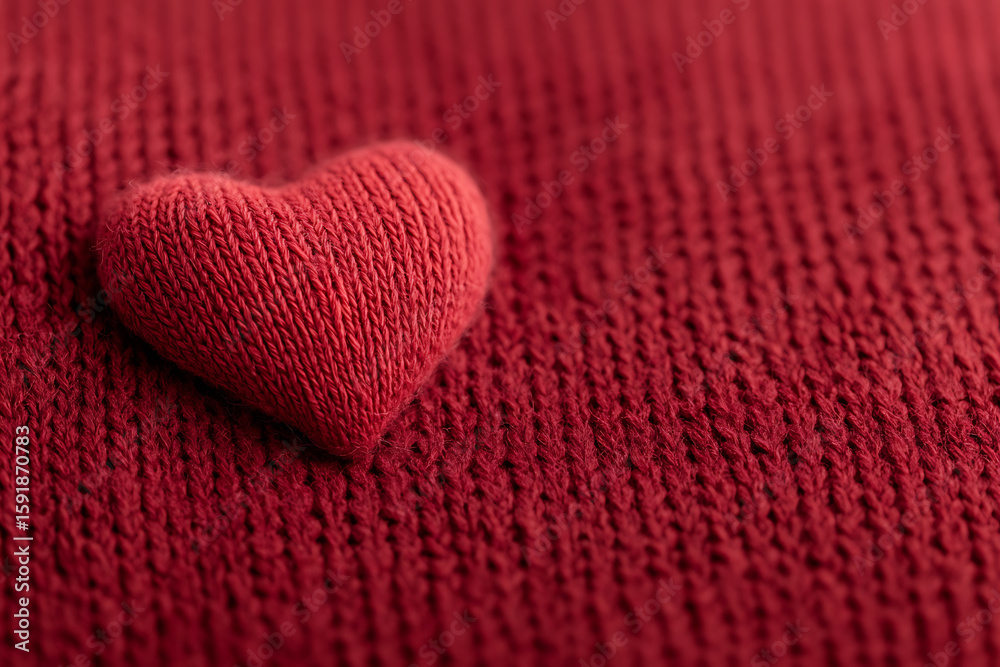 Fototapeta premium A close-up shows a knitted heart on knitted cloth. The texture of yarn creates warmth and romance, making it perfect for heartfelt messages.