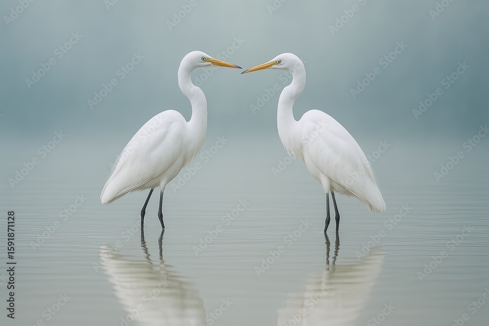 Obraz premium Two white herons standing in calm water with misty background and gentle reflections.