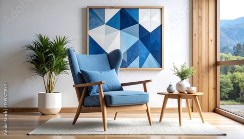 Wallpaper Mural Cozy blue armchair, modern art, wooden accents Torontodigital.ca