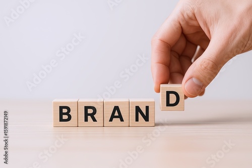 Hand placing wooden block with letter on top of four spelling out BRAND in a minimalistic setting.