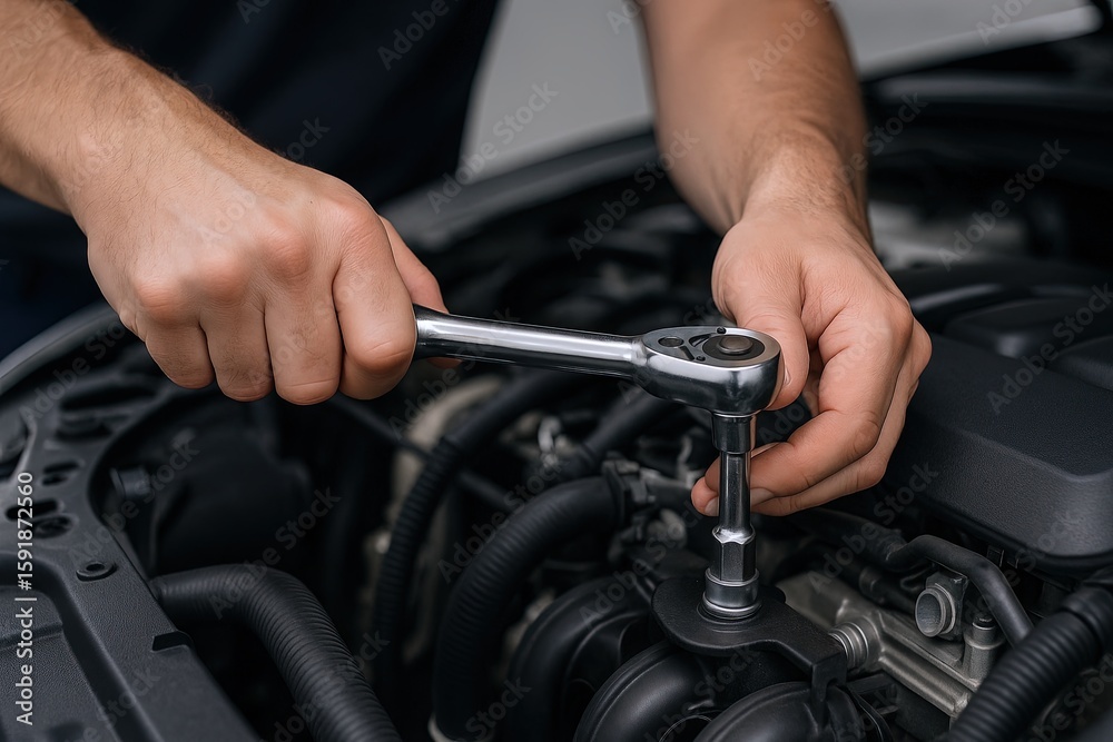 Close-up of a mechanic using a wrench to tighten a bolt inside a car engine bay during repair. Close-up of a mechanic using a wrench to tighten a bolt inside a car engine bay during repair.