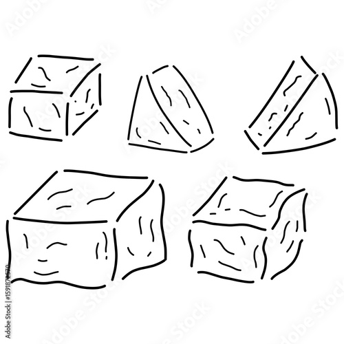 Vector illustration of various cheese blocks in doodle style. Includes wedge-shaped and cube-shaped cheese pieces, ideal for food packaging, culinary designs, dairy product ads, and hand-drawn icon