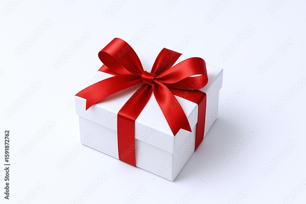 Fototapeta premium Elegant white gift box with a shiny red ribbon bow isolated on a plain background.