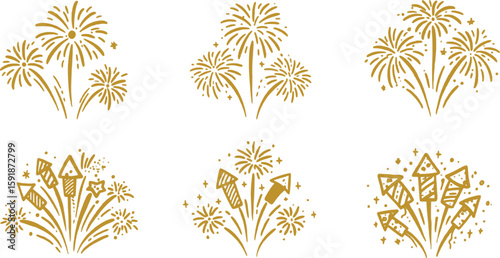Vector art of golden fireworks and firecrackers light up the scene, bringing joy to any celebration, isolated on transparent background