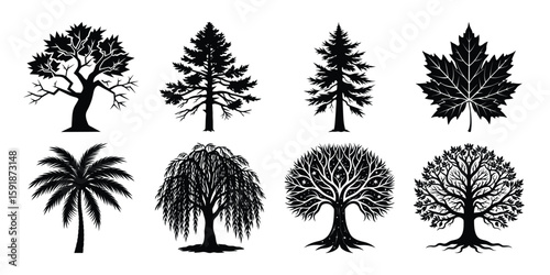Wallpaper Mural Collection of eight stylized black and white tree silhouettes: oak, pine, fir, maple leaf, palm, willow, celestial, and full deciduous. Torontodigital.ca